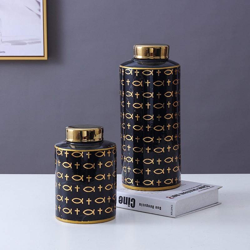 JLHX121 Black and gold color ceramic jar with lid