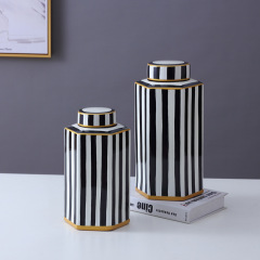 JLHX107 Hexagon black striped ceramic jar with lid for home decoration