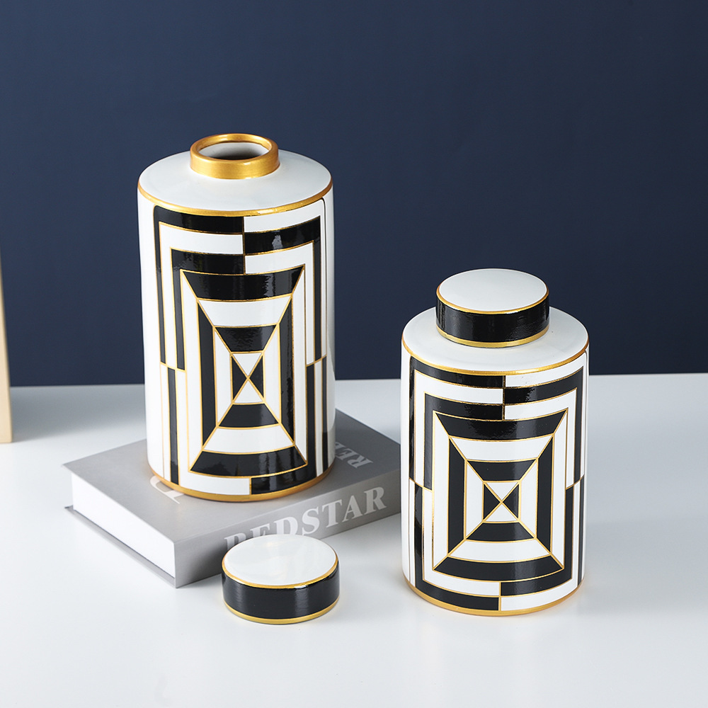 JLHX114 Black and white pattern ceramic decoration jar with lid