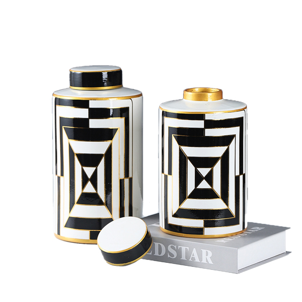 JLHX114 Black and white pattern ceramic decoration jar with lid