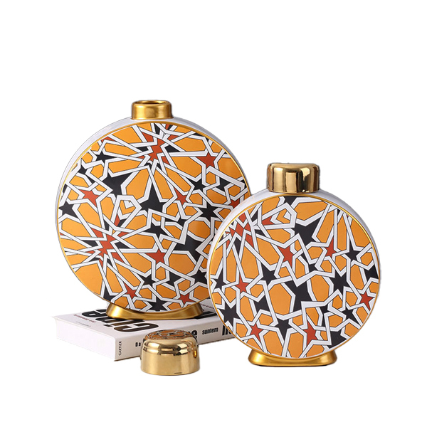 JLHX126 Oblate shaped geometric pattern ceramic home decoration jar with gold lid