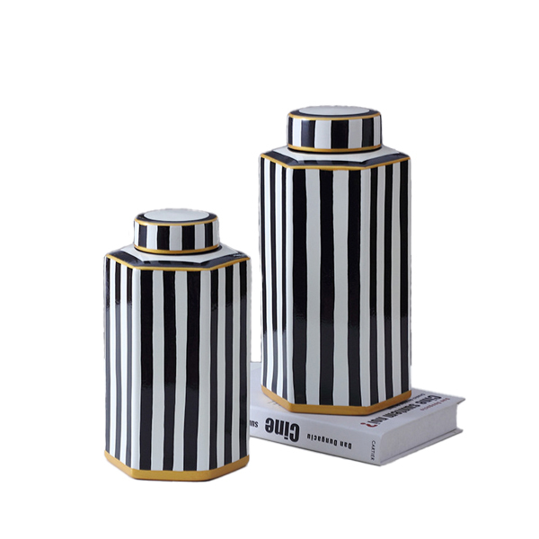 JLHX107 Hexagon black striped ceramic jar with lid for home decoration