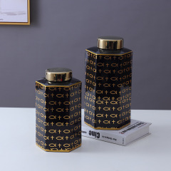 JLHX104 Hexagon shaped black ceramic jar with golden lid
