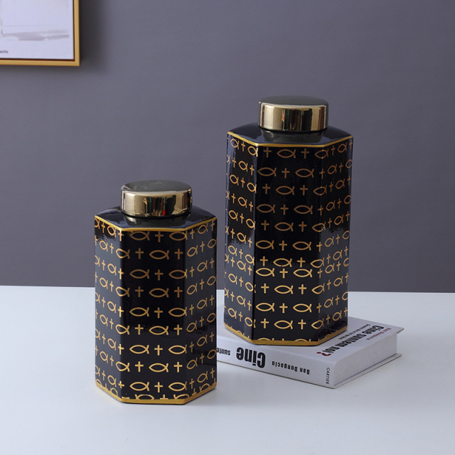 JLHX104 Hexagon shaped black ceramic jar with golden lid