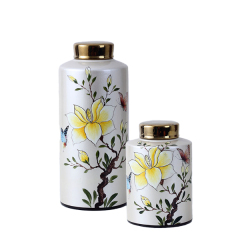 JLHX116 Floral design ceramic decoration jar with golden lid