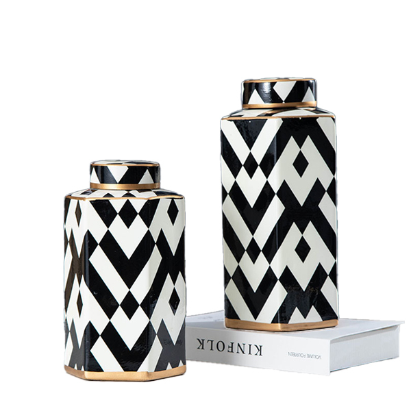 JLHX103 Geometric designed ceramic decoration Jar with lids in black and white color