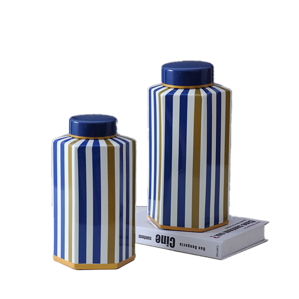 JLHX105 Strip design hexagon ceramic jar with lid
