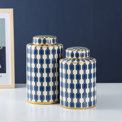 JLHX112 Geometric designed ceramic decoration Jar with lids in blue and white color