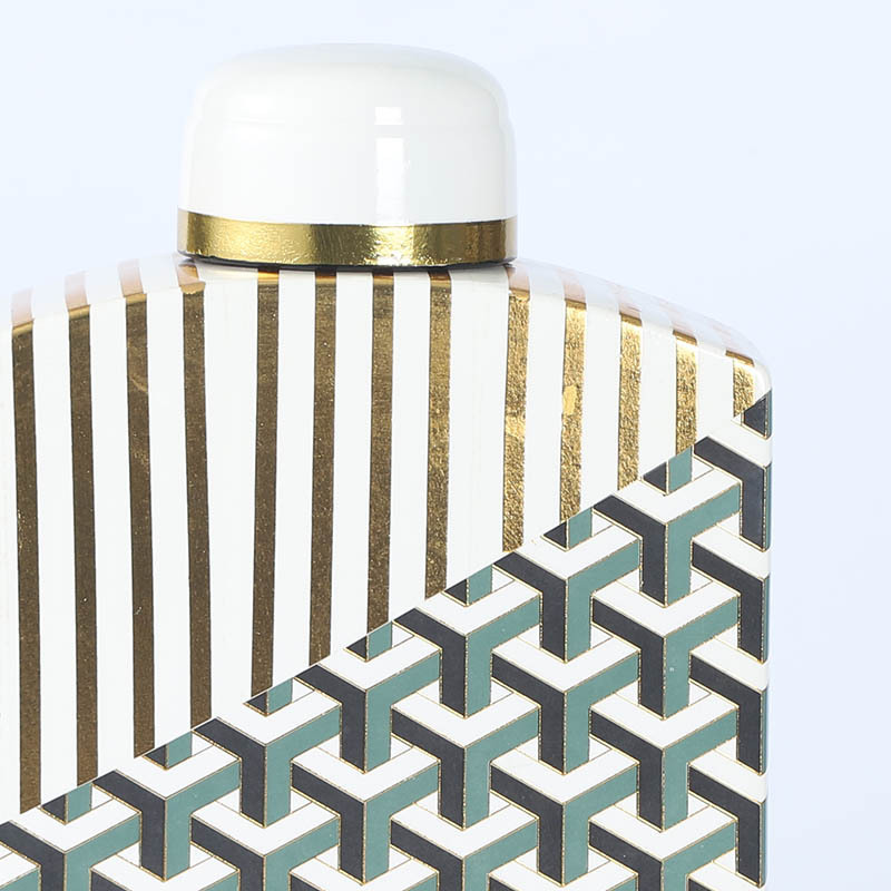 JLHX119 Flat shaped ceramic jar with lid in geometric design