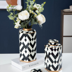 JLHX103 Geometric designed ceramic decoration Jar with lids in black and white color
