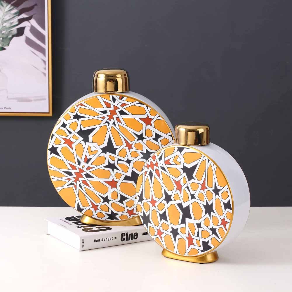 JLHX126 Oblate shaped geometric pattern ceramic home decoration jar with gold lid