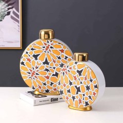 JLHX126 Oblate shaped geometric pattern ceramic home decoration jar with gold lid