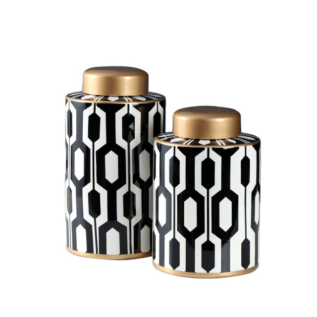 JLHX110 Geometric pattern decoration ceramic jar with gold lid