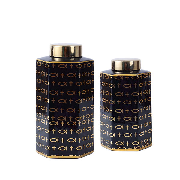 JLHX104 Hexagon shaped black ceramic jar with golden lid