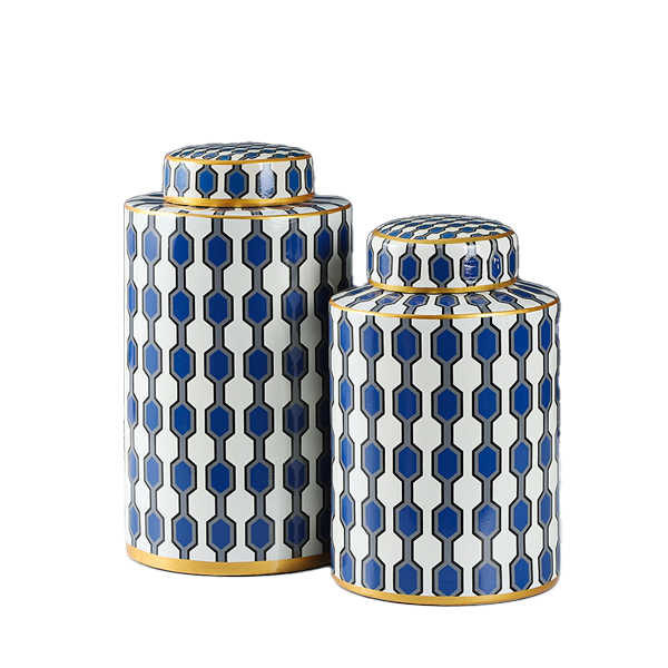 JLHX112 Geometric designed ceramic decoration Jar with lids in blue and white color