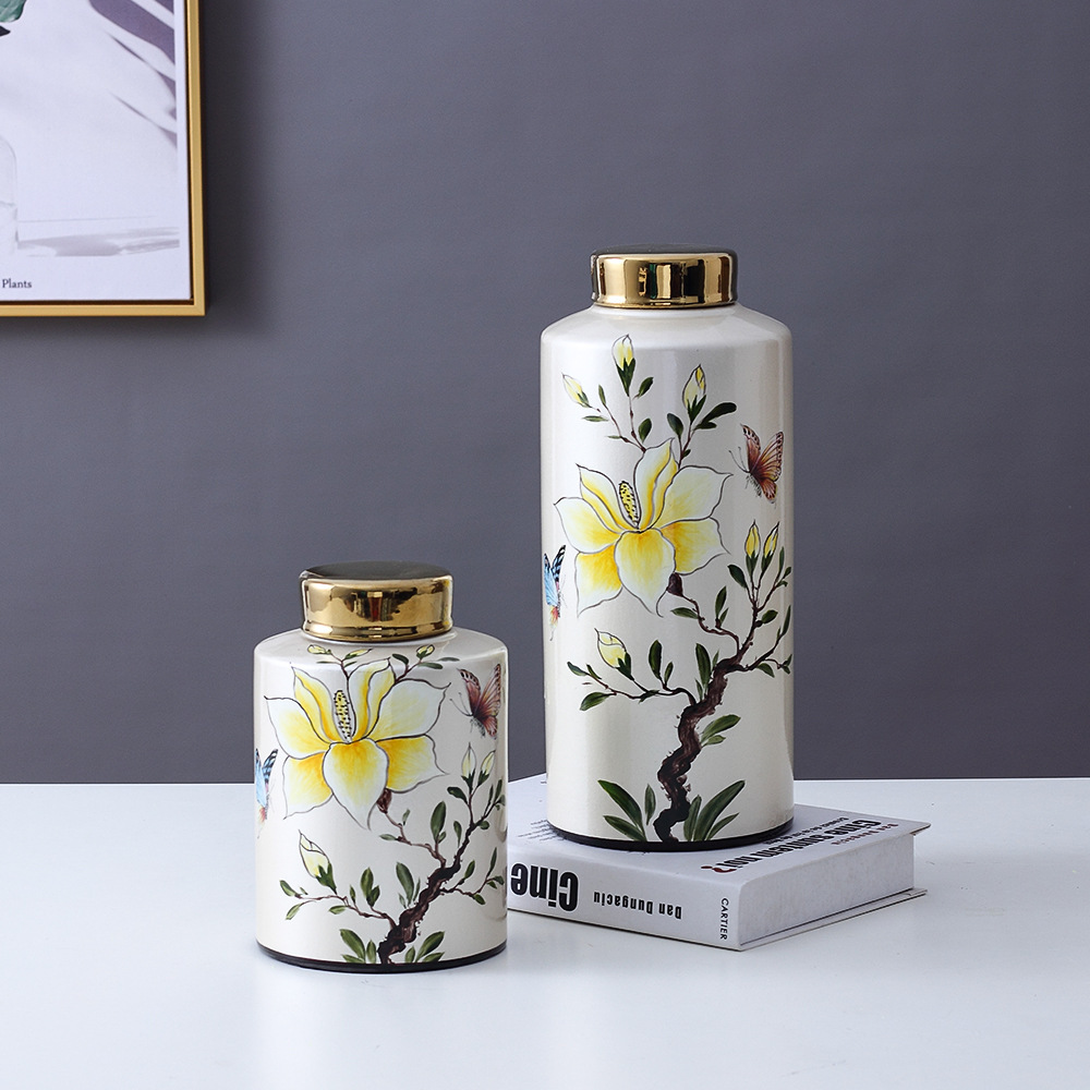 JLHX116 Floral design ceramic decoration jar with golden lid