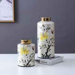 JLHX116 Floral design ceramic decoration jar with golden lid