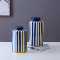 JLHX105 Strip design hexagon ceramic jar with lid