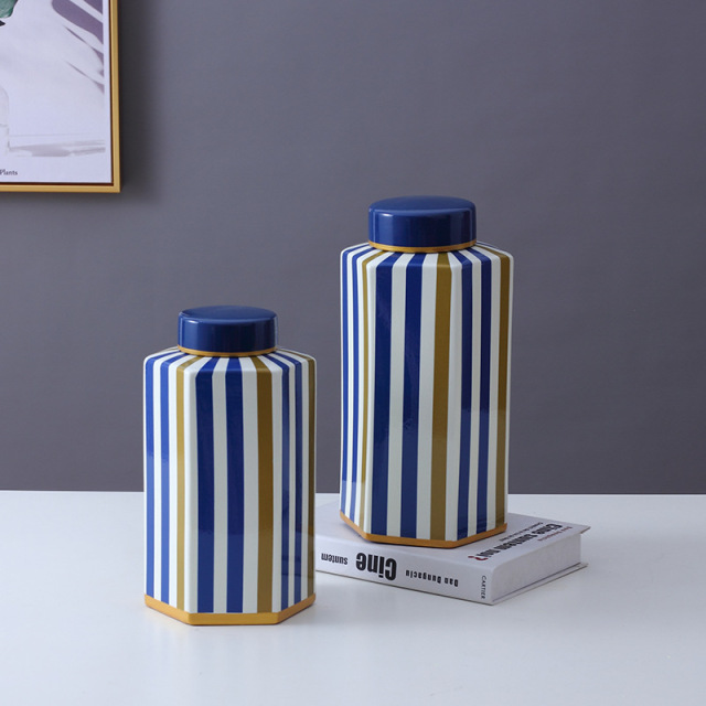 JLHX105 Strip design hexagon ceramic jar with lid