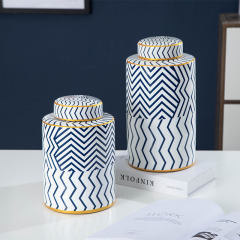 JLHX113 Blue and white home decoration ceramic vase with lid with hand painted gold rim