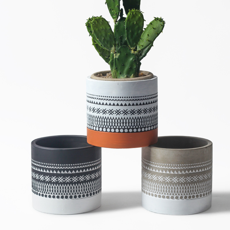 JYW107 Cylinder concrete plant pots with engraving pattern