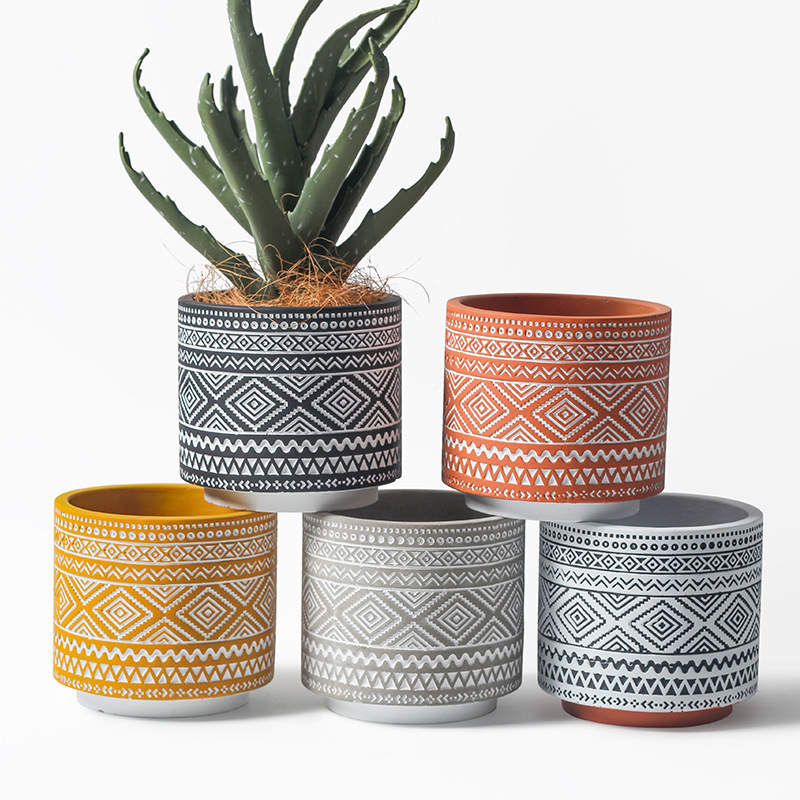 JYW110 Cylinder cement pots with engraving pattern