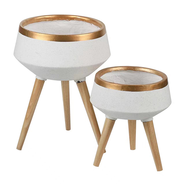 JLFX126902 White and gold fiberclay planters with wood legs