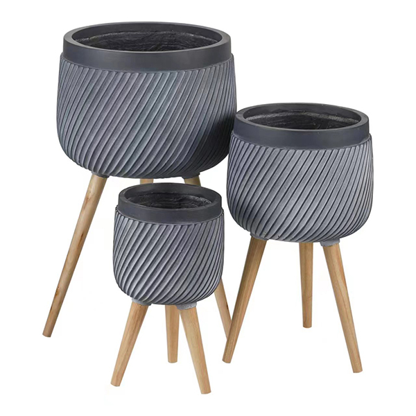 JLFX126900B Grey textured fiberclay planter with wood legs