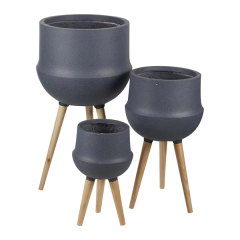 JLFX126901 Dark Grey Fiberclay plant pots with wood legs