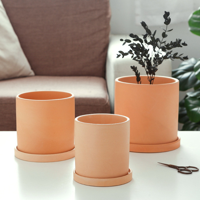 JLXL0123 Cylinder terracotta plant pot with saucer