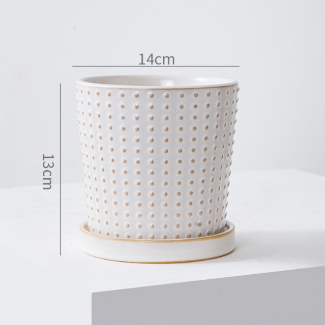 JLYF3901D Embossed dots ceramic glazed planters with saucers