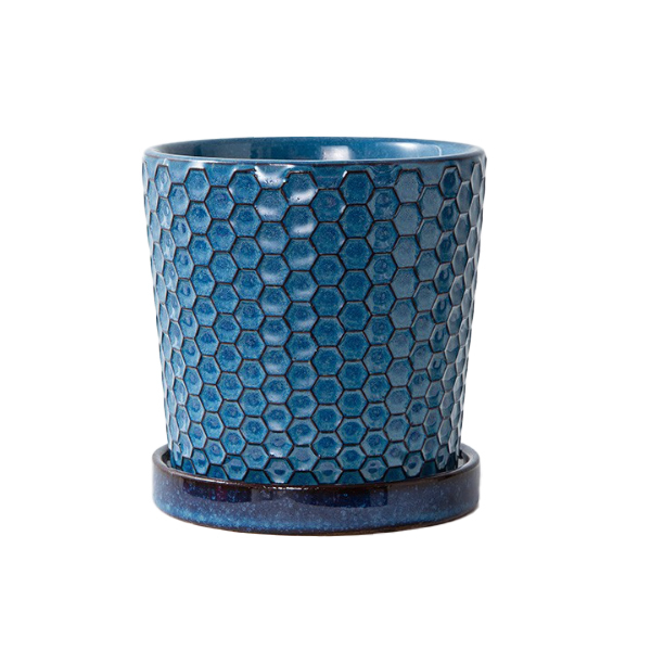 JLYF3901A Glazed textured ceramic indoor plant pot with saucer