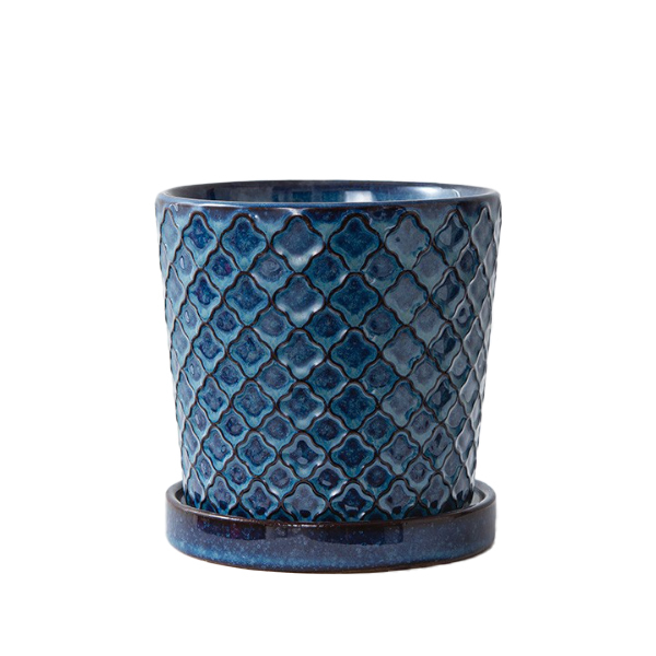 JLYF3901B Glazed textured ceramic planter pots with saucers