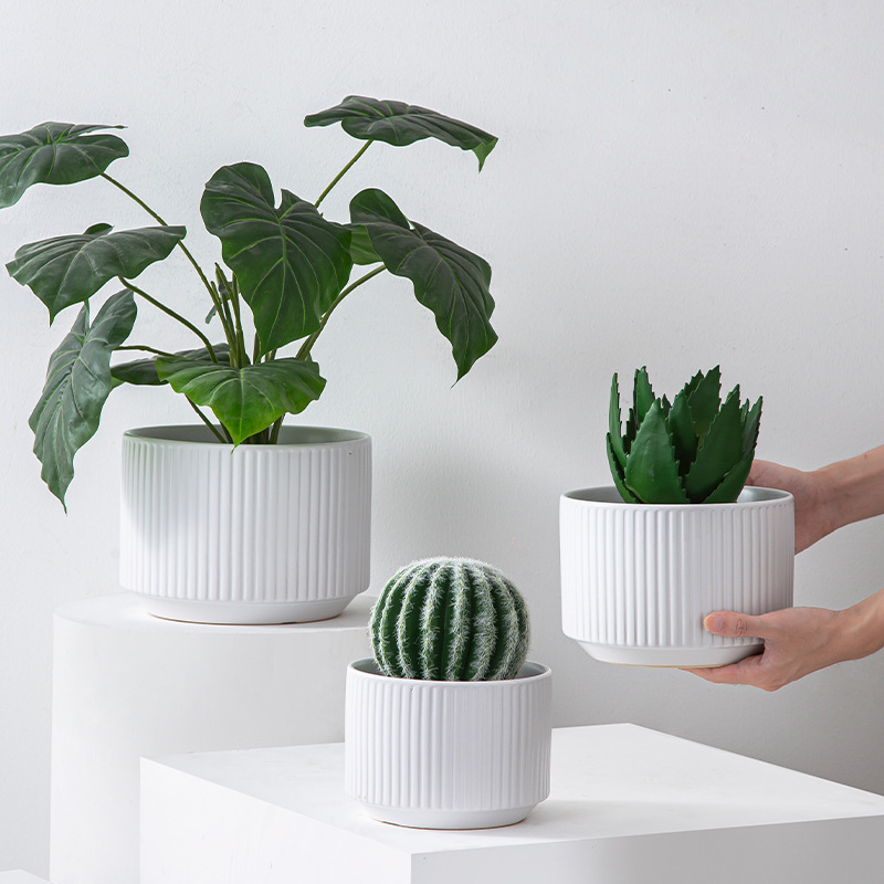 JLYF3921 Set of 3 textured ceramic classic planter pots white