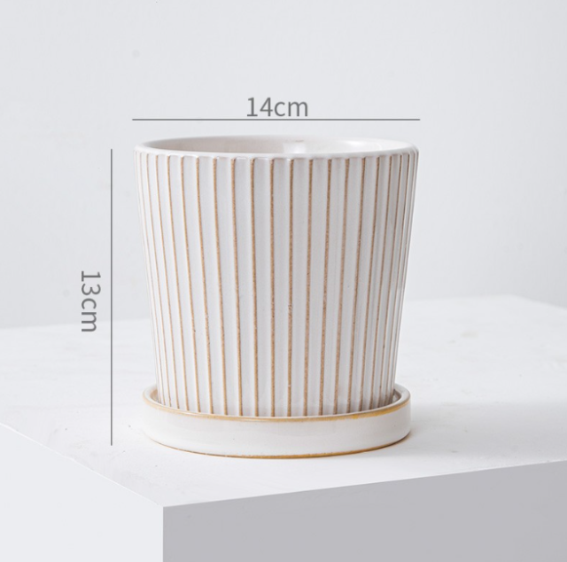 JLYF3901C Glazed Fluted ceramic plant pots with trays