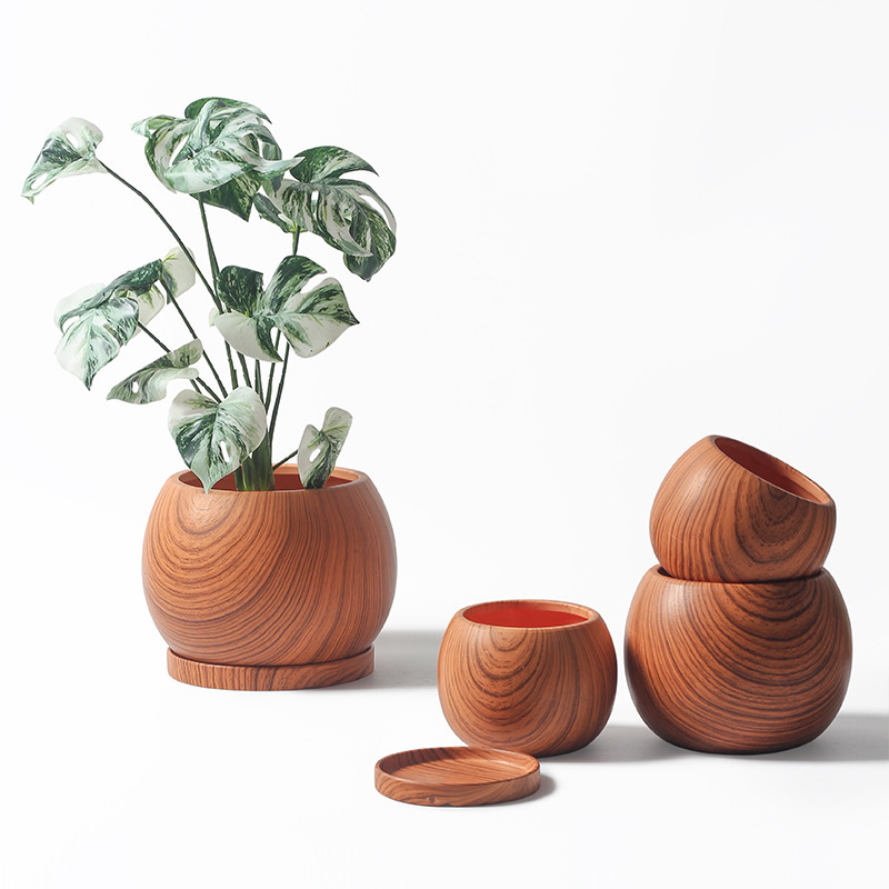 JYW2118 Round wood effect ceramic pot with saucer