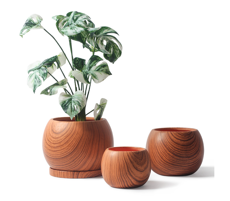 JYW2118 Round wood effect ceramic pot with saucer