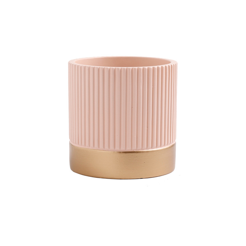 JYW2124 New design ceramic fluted cylinder planter pot with golden bottom