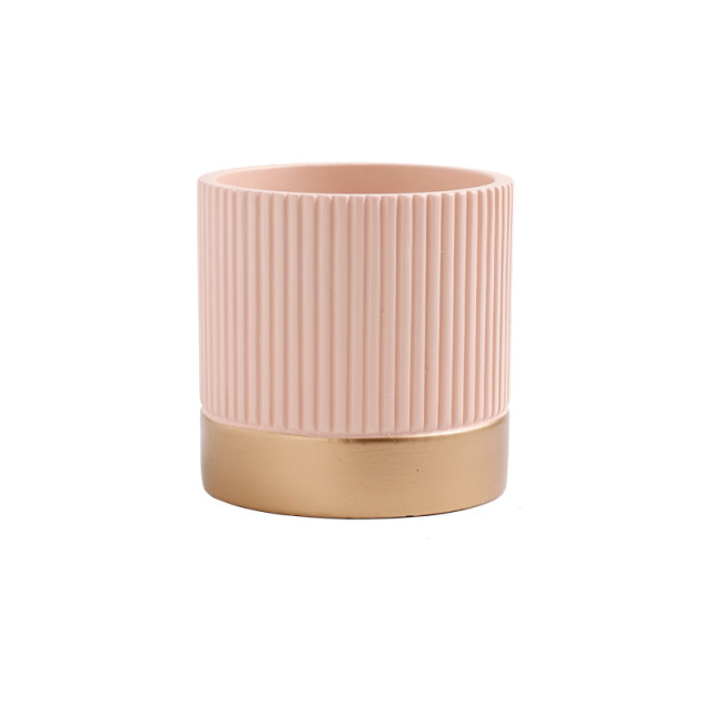 JYW2124 New design ceramic fluted cylinder planter pot with golden bottom