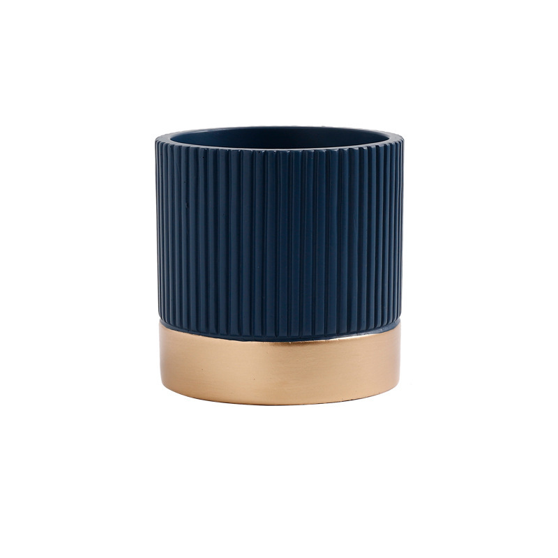 JYW2124 New design ceramic fluted cylinder planter pot with golden bottom