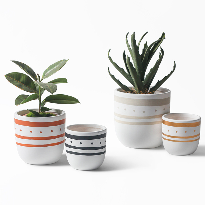 JYW2148 Hand painting geometric pattern ceramic cylinder pot with rounded bottom for indoor use