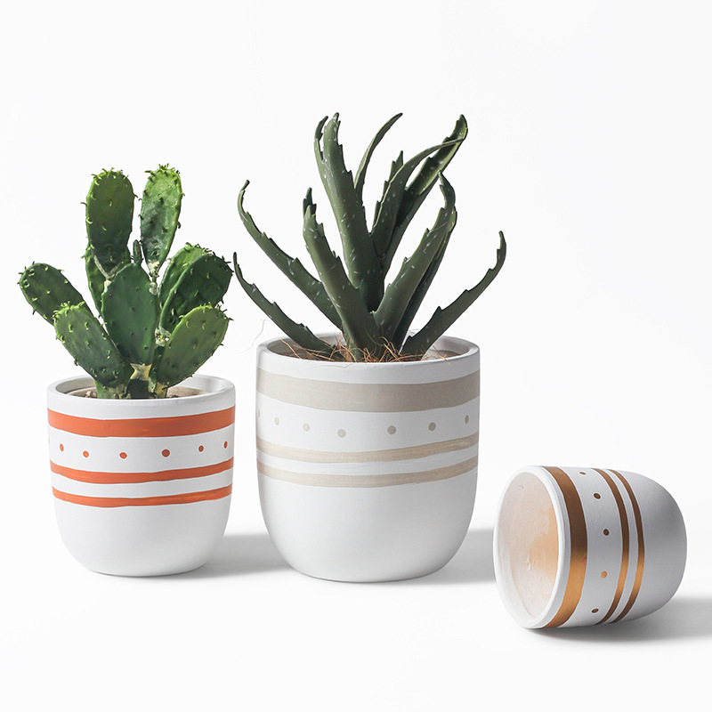 JYW2148 Hand painting geometric pattern ceramic cylinder pot with rounded bottom for indoor use
