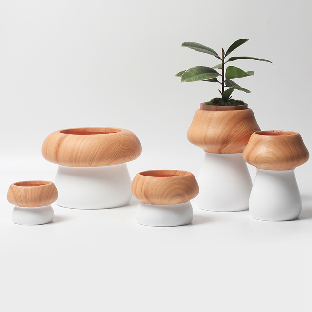 JYW2156 New arrival mushroom design ceramic planter pot with wooden effect