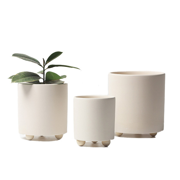 JYW2157 New arrival beige indoor ceramic cylinder pot with feet for indoor garden use