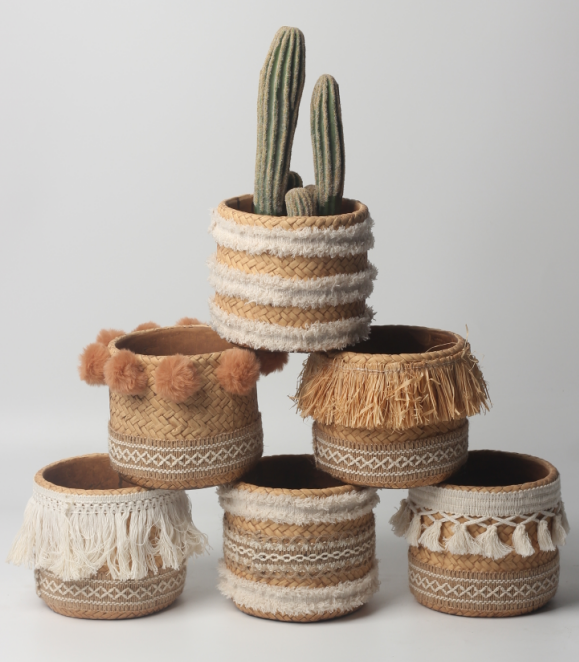 JLAK436 2025 New Cement textured basket planter pots with fabric decoration