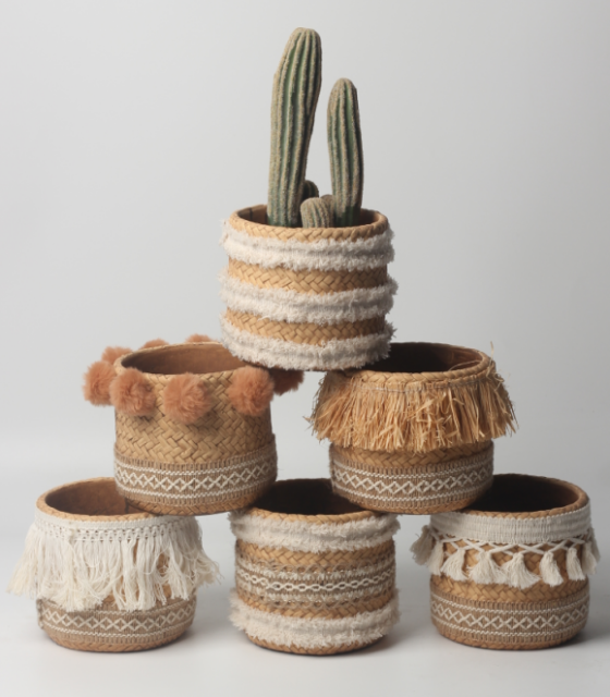 JLAK436 2025 New Cement textured basket planter pots with fabric decoration