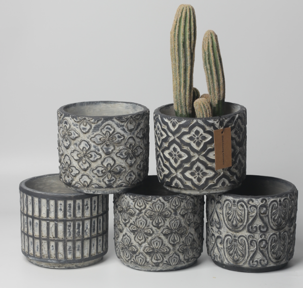JLAK446 Cylinder cement pot with embossed pattern