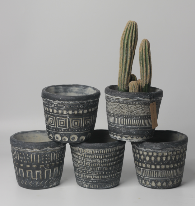 JLAK443 2025 New Taper shaped cement planter with debossed geometric pattern