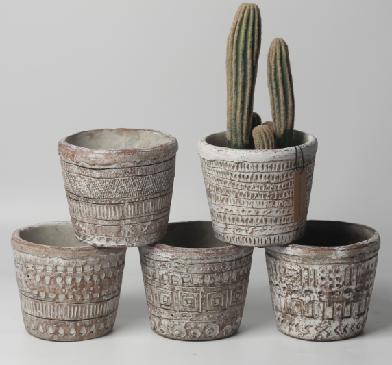 JLAK443 2025 New Taper shaped cement planter with debossed geometric pattern