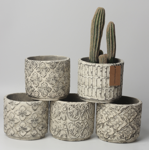 JLAK446 Cylinder cement pot with embossed pattern